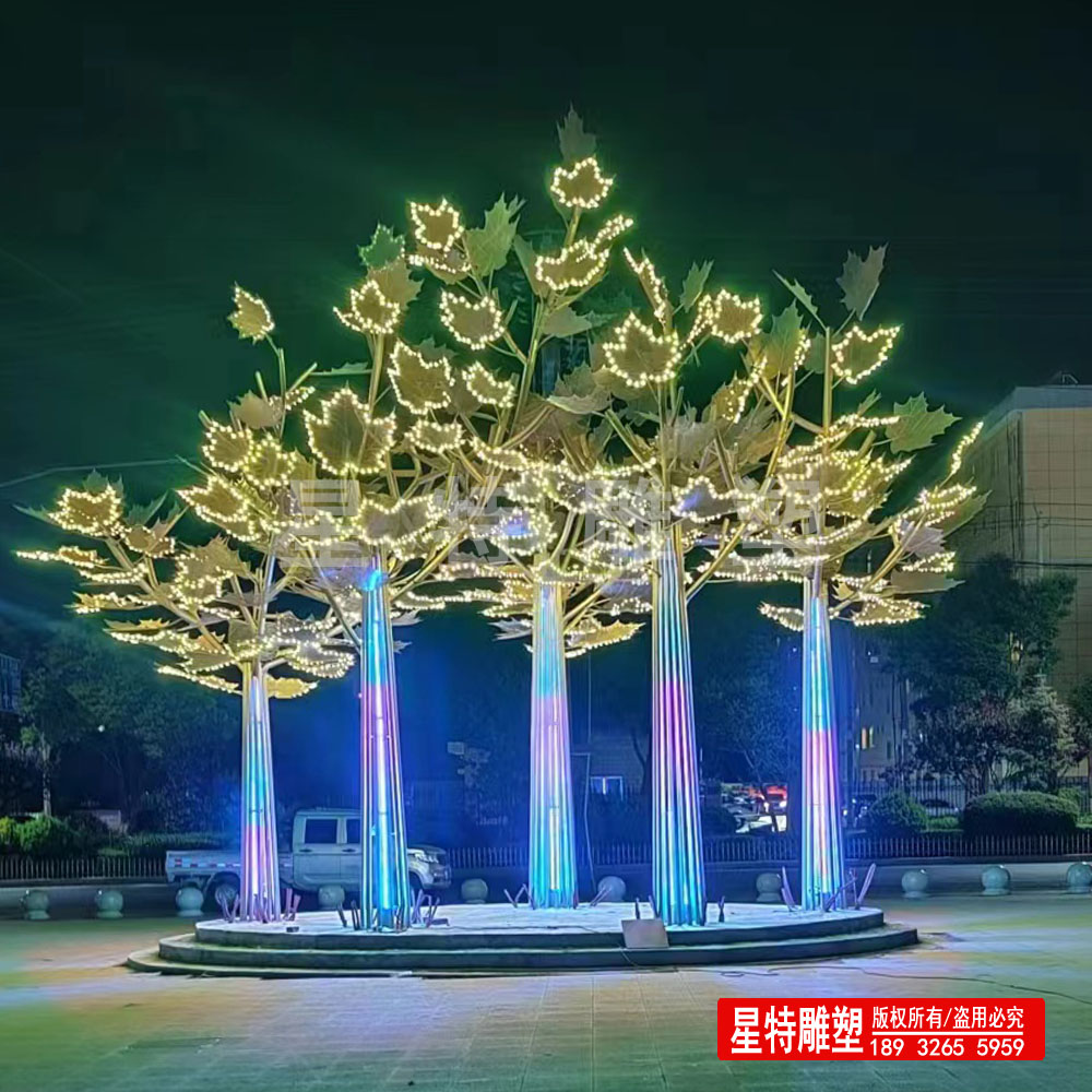 不锈钢树雕塑  夜景灯光效果